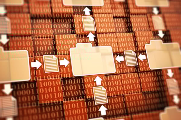 Cream colored folders on an orange background decorated with binary code